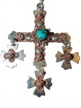 Vintage Silver Cross Pendant with Turquoise Stone and Floral Accents